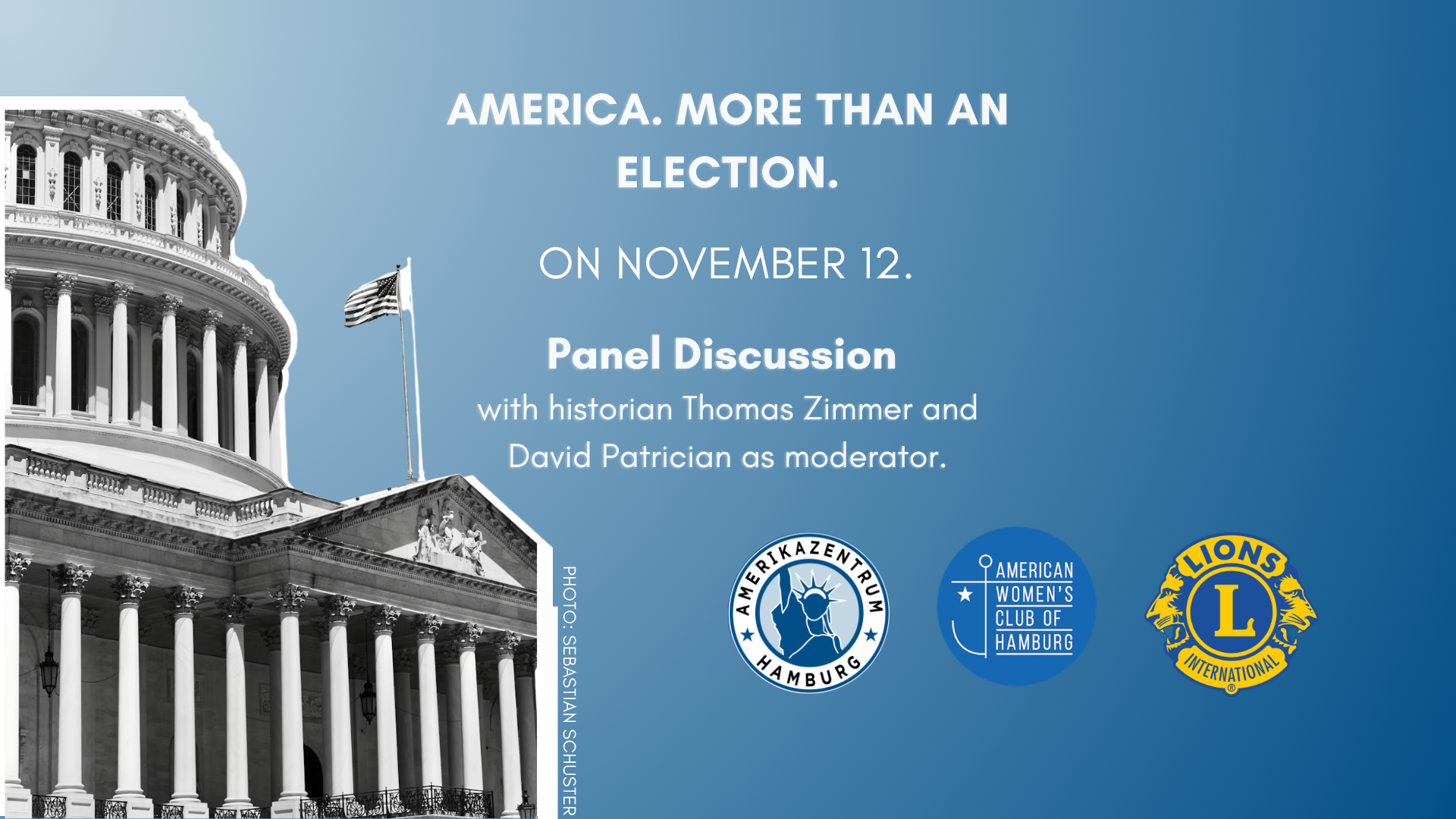 Podiumsdiskussion „Amerika. Mehr als eine Wahl.“ zu den US-Midterms am 12. November in Hamburg mit Historiker Thomas Zimmer und Moderator David Patrician, vor dem US-Kapitol